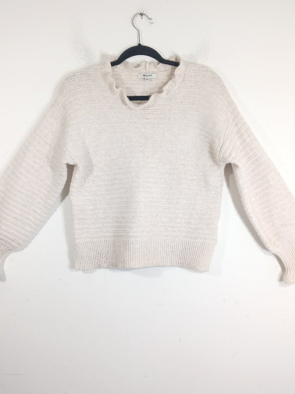 Madewell Womens Sweater Size M Ivory Balloon Sleeve Ruffle Neck Knit Pullover